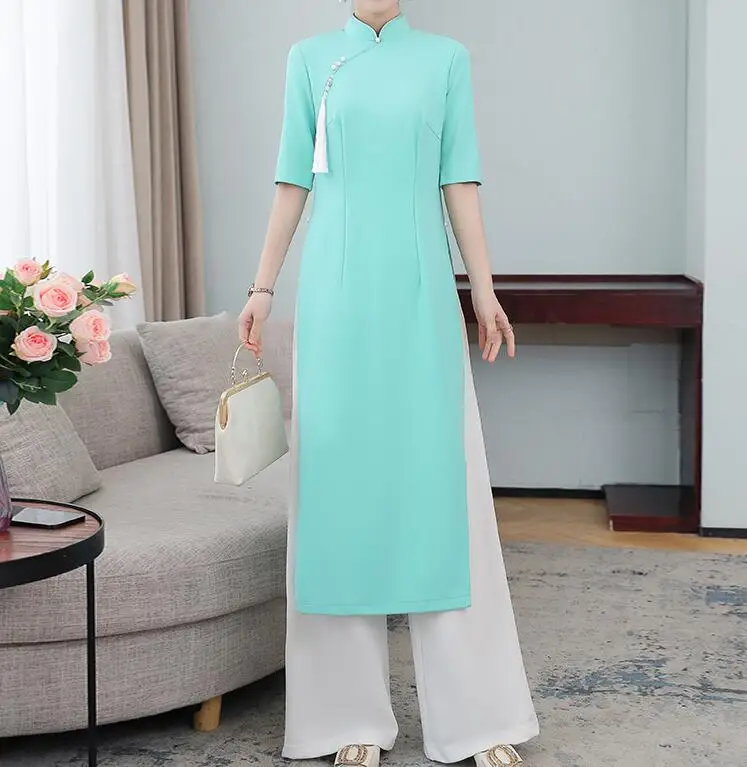 

Vietnam Ao dai Cheongsams Include Pants Women Qipao Vintage Summer Dress