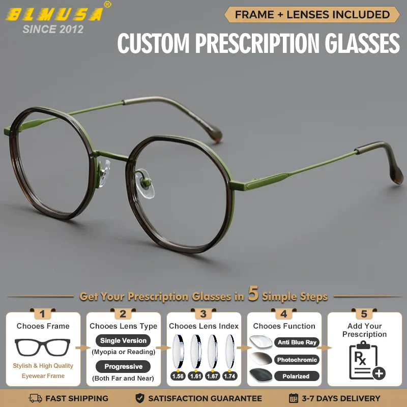 BLMUSA Retro Men Fashion Anti Blue Ray Myopia Prescription Glasses Custom Polygonal Small Frame Progressive Photochromic Eyeware