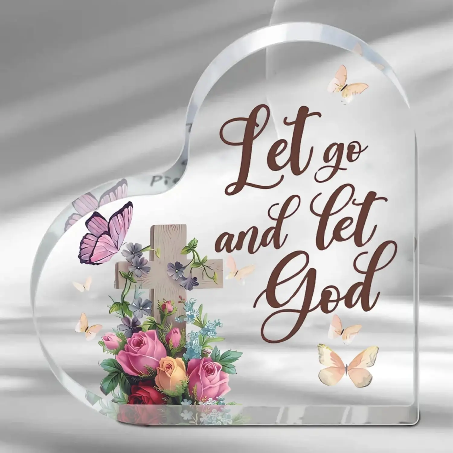 Heart‑Shaped Acrylic Plaque Let Go And Let God Cross Floral Butterfly Freestanding Keepsake Gift
