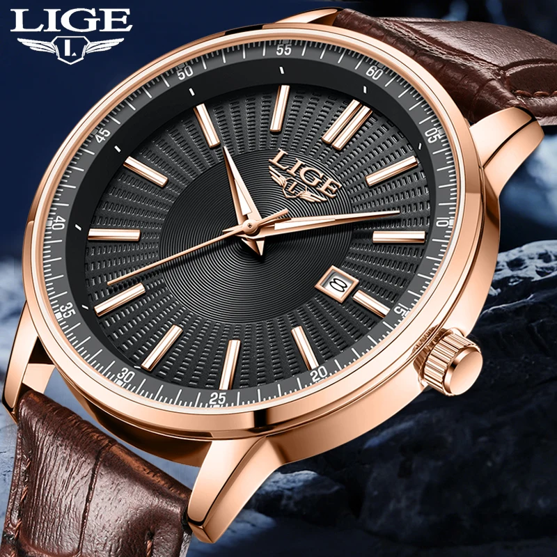 LIGE Military Herren-Quarz-Armbanduhren, Top-Marke, luxuriöse Lederuhr für Herren, wasserdicht, leuchtender Chronograph, Montre Homme + BOX
