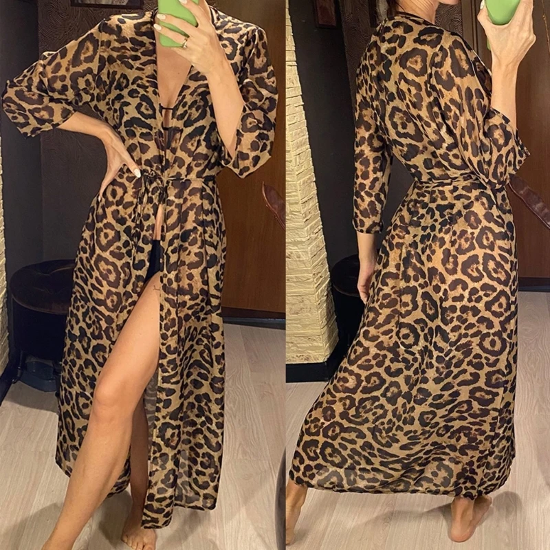 Kobiety lato seksowna podomka kostiumy kąpielowe Leopard-printing tunika stroje kąpielowe Cover-up Dress 2023