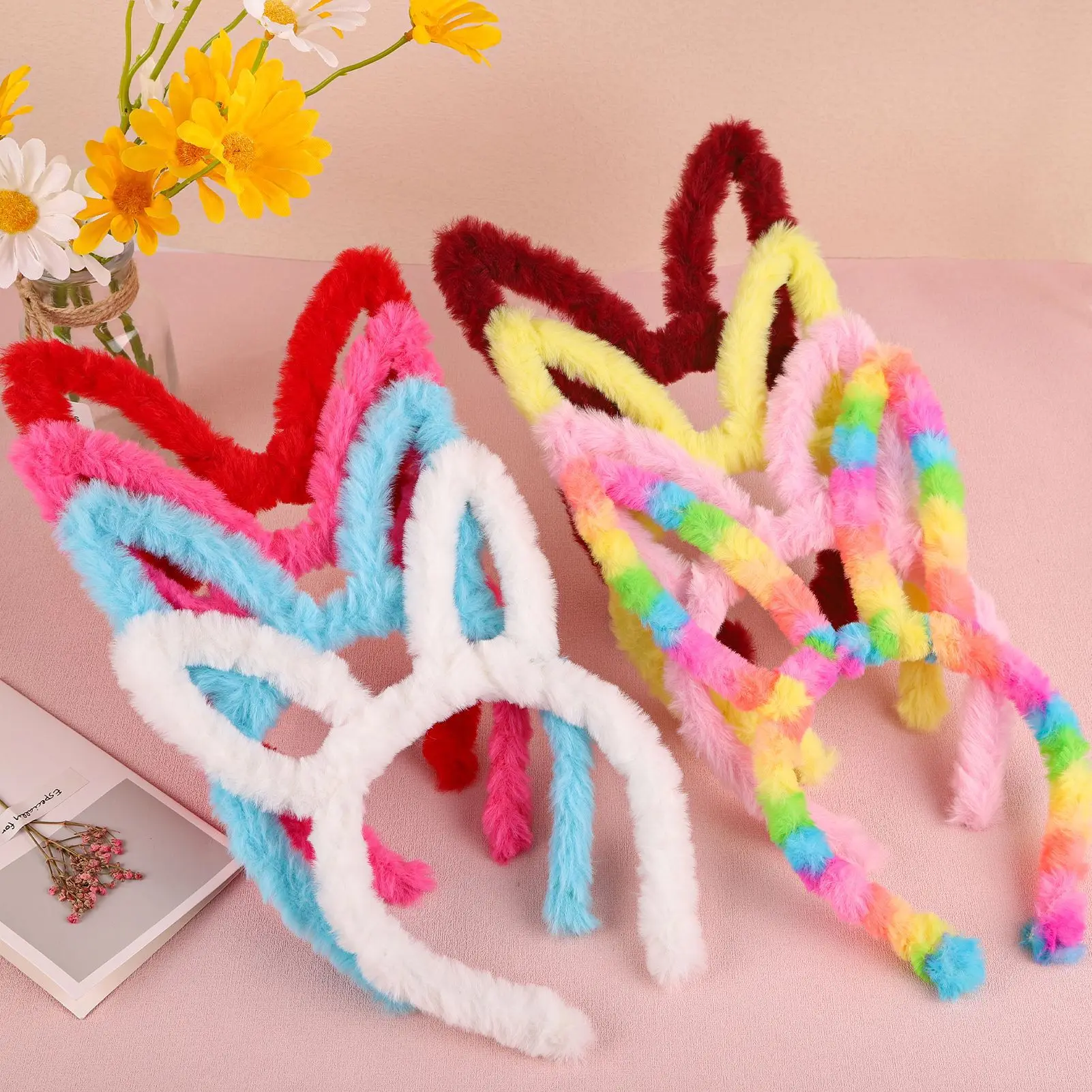 Kawaii Plush Rabbit Ear Headbands Girls Furry Hair Hoops Costume Party Photo Props Children\'s Winter Cute Hair Accessories 1PC