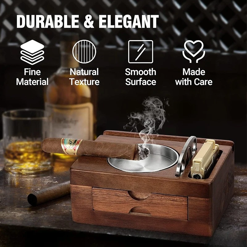 

American Style Wooden Cigar Ashtray Box - Solid Wood Drawer Design, Portable Car Ashtray for Cigars, Premium Cigar Accessory
