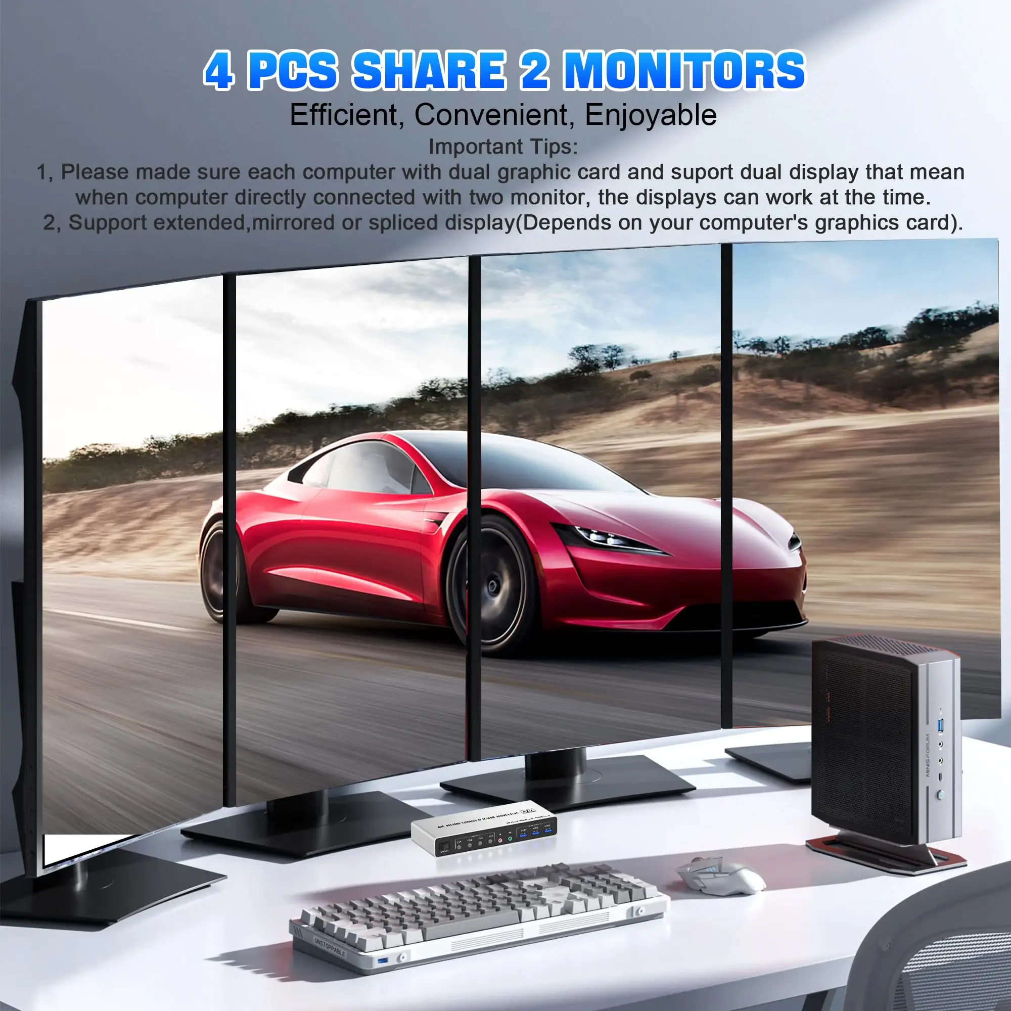 USB 3.0 KVM Switch Dual Monitor4K@60Hz/8K@60Hz,4 Port HDMI KVM Switch 2 Monitors for 4 Computers 3/4 USB 3.0 Ports,Supports EDID
