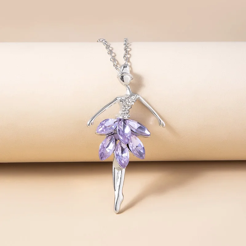 Fashion Purple Crystal Ballet Girl Pendant Necklace Ballerina Dancer Sweater Chain Necklaces For Women