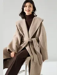 Winter Wool Coat Women's Long Black Premium Autumn Hooded Bathrobe Silk Cashmere Coat Women's Oat Camel Casual Fashion Coat