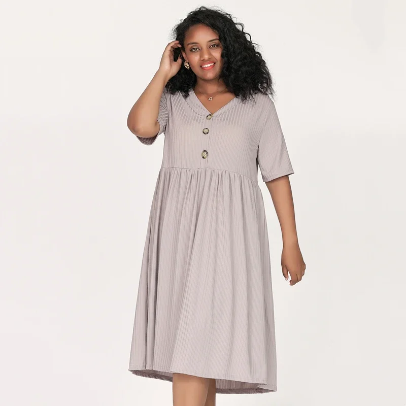 Plus Size Half Sleeve Summer Elegant Midi Dress Women Button Front V-neck Loose Swing Dress Large Size Ribbed Casual Flare Dress