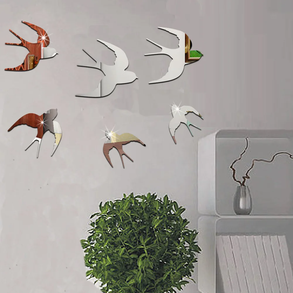 3D Adhesive Reflections-Mirror Birds Swallows Mirror DIY Wall Stickers 10.25 x 15-Inches 6pcs/lot