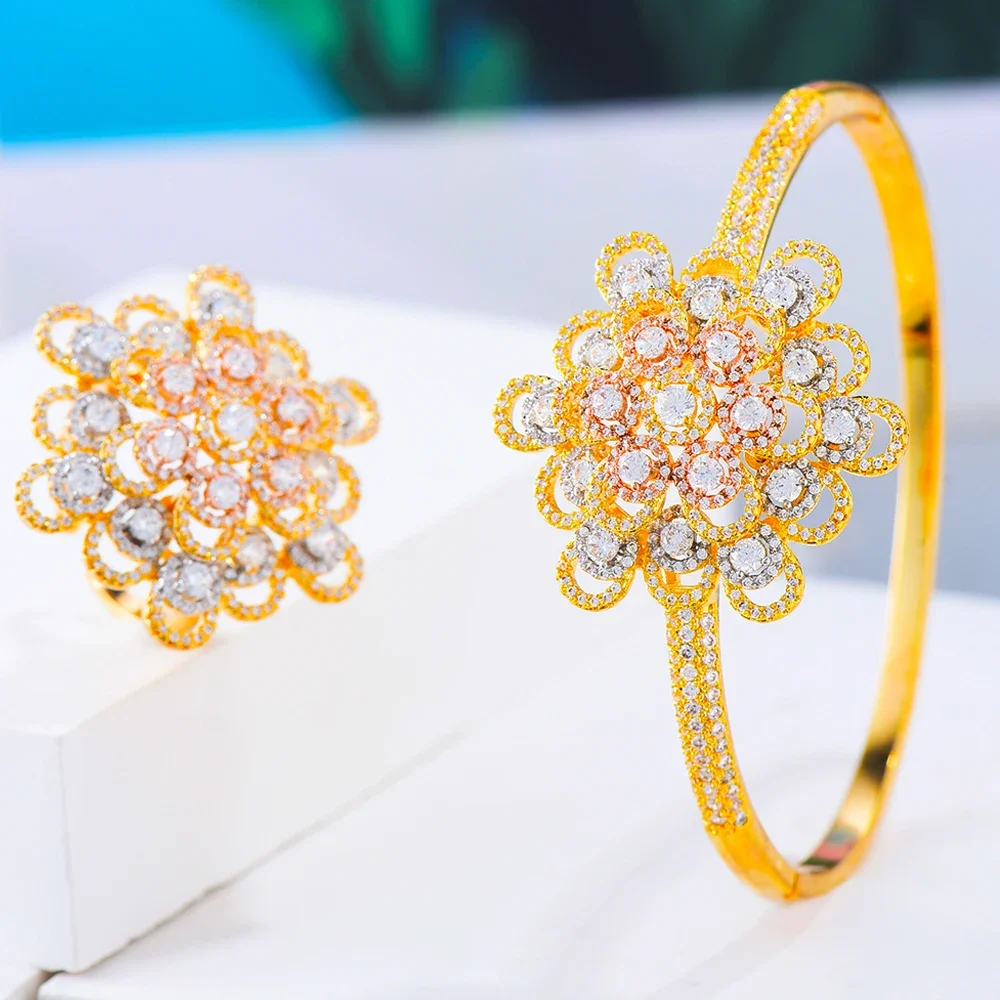 

KellyBola Gorgeous Super Luxury Noble 2 PCS Shiny Bangle Ring Set for Women Bridal Wedding Daily Party Jewelry Set Dubai Morocco