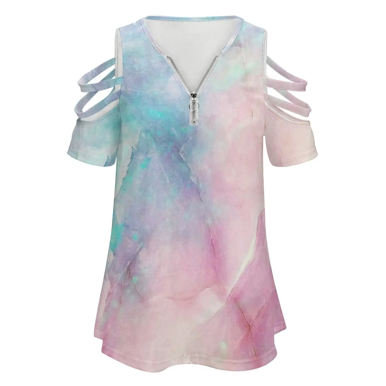 Iridescent Marble New Fashion Zip Off Shoulder Top Short-Sleeve Women Shirt Iridescent Marble Color Pastel Magic Unicorn Candy