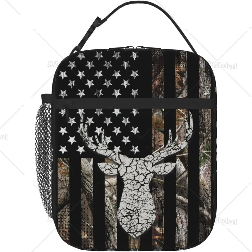 Hunting Camo Deer Insulated Lunch Bag Camouflage American Flag Lunch Cooler Box Reusable Bento Bag for Work Picnic School Travel