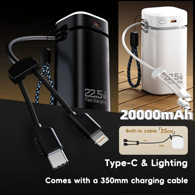

20000mAh Large Capacity Power Bank Mobile Battery 22.5W Type-C Cable Fast Charging External Charger for iPhone 16 Samsung Xiaomi
