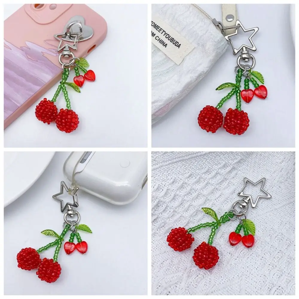 Backpack Ornament Crystal Cherry Keychain Handmade Bag Pendant Flower Keyring Beaded Key Holder Phone Chain Strap Phone Charm