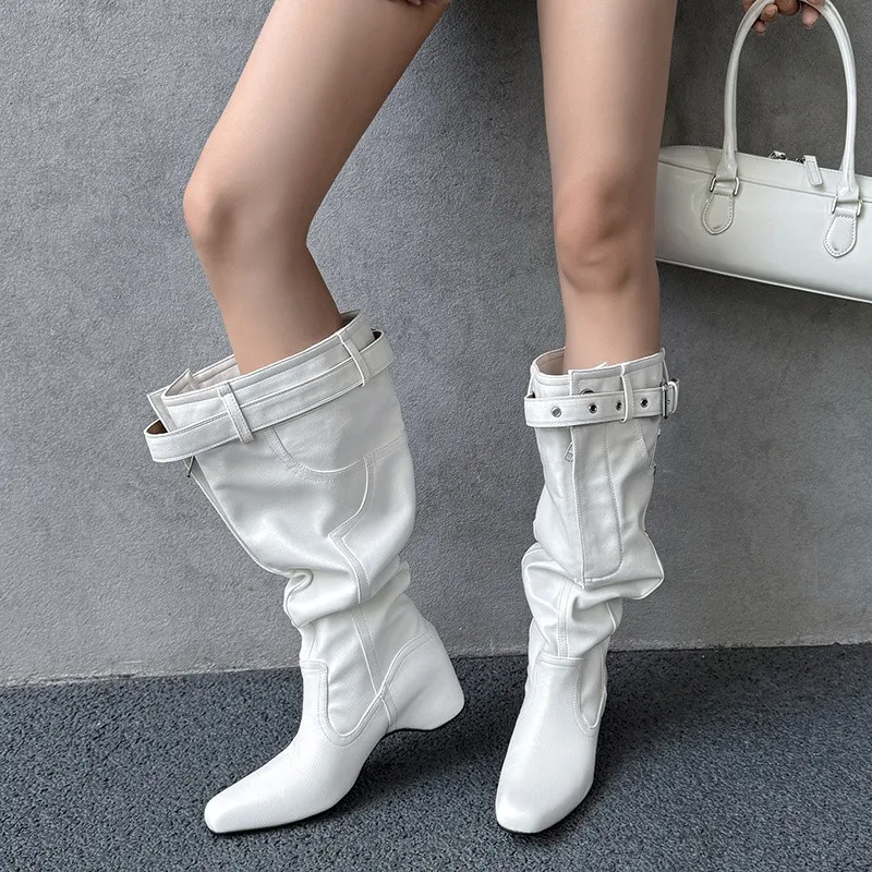 MKKHOU Fashion Knee High Boots Women's New High-Quality Modern High Boots Square Toe Belt Buckle High Heels Leather Boots
