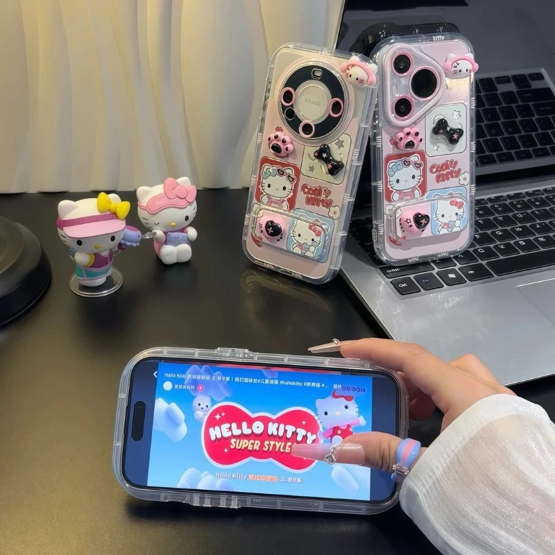 

Anime Cartoon Hello Kitty Mirror Stand Phone Case for iPhone 16 Pro Max iPhone 15 Pro 14 13 12 11 Cute Full Coverage Phone Cover