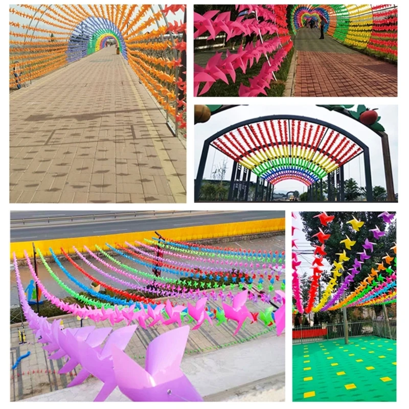 100pcs Colorful Pinwheels Plastic Windmill Toy with 30M Wire Rope Fitting Set Party Favor Outdoor Decor Wind Spinners