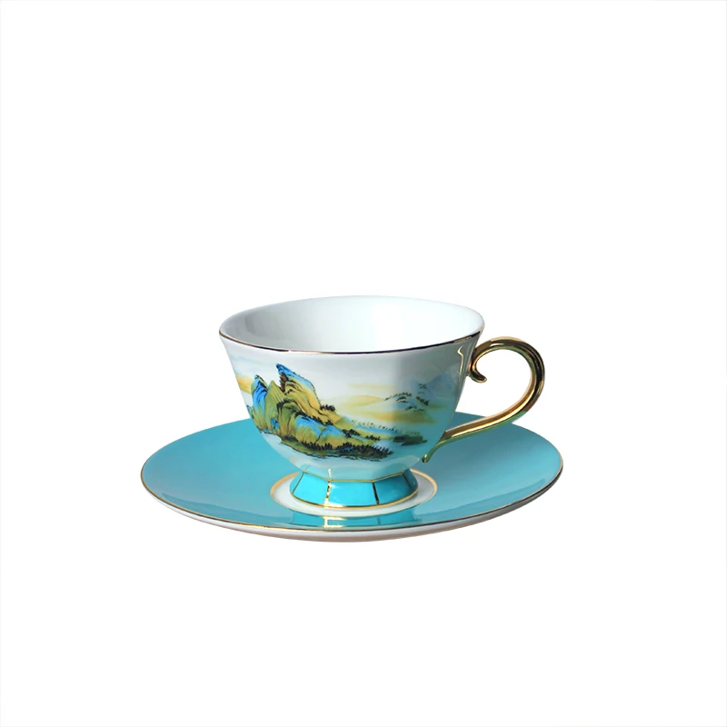 Ceramic Cup Tea Brewing Ceramic Coffee Mug Cup High Foot Gold Handle Cup and Dish Wedding Gifts