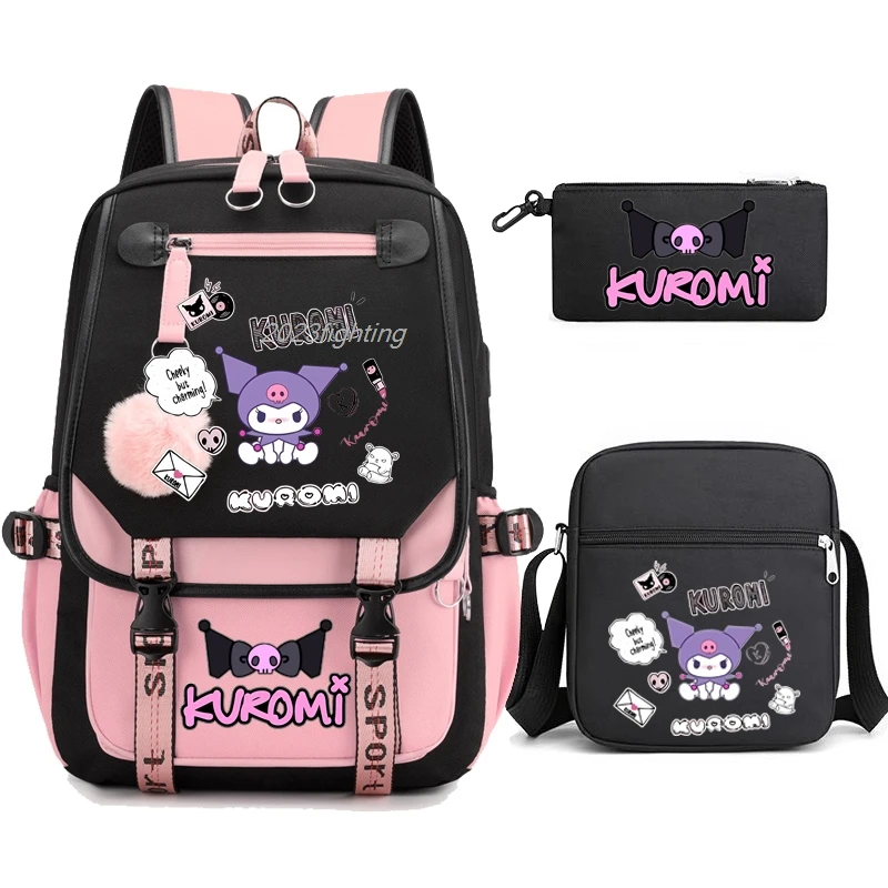 3pcs My Kuromi School Bags Cartoon Backpacks Set for Girls Anime School Bag Teens Student Canvas Laptop Back Pack Women Rucksack