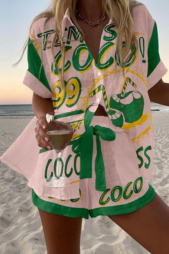 

Summer Print Beach Holiday 2-Piece Set Women Fashion Short Sleeve Shirt Top + Wide Legs Short Women's Oversized Two-Piece Outfit