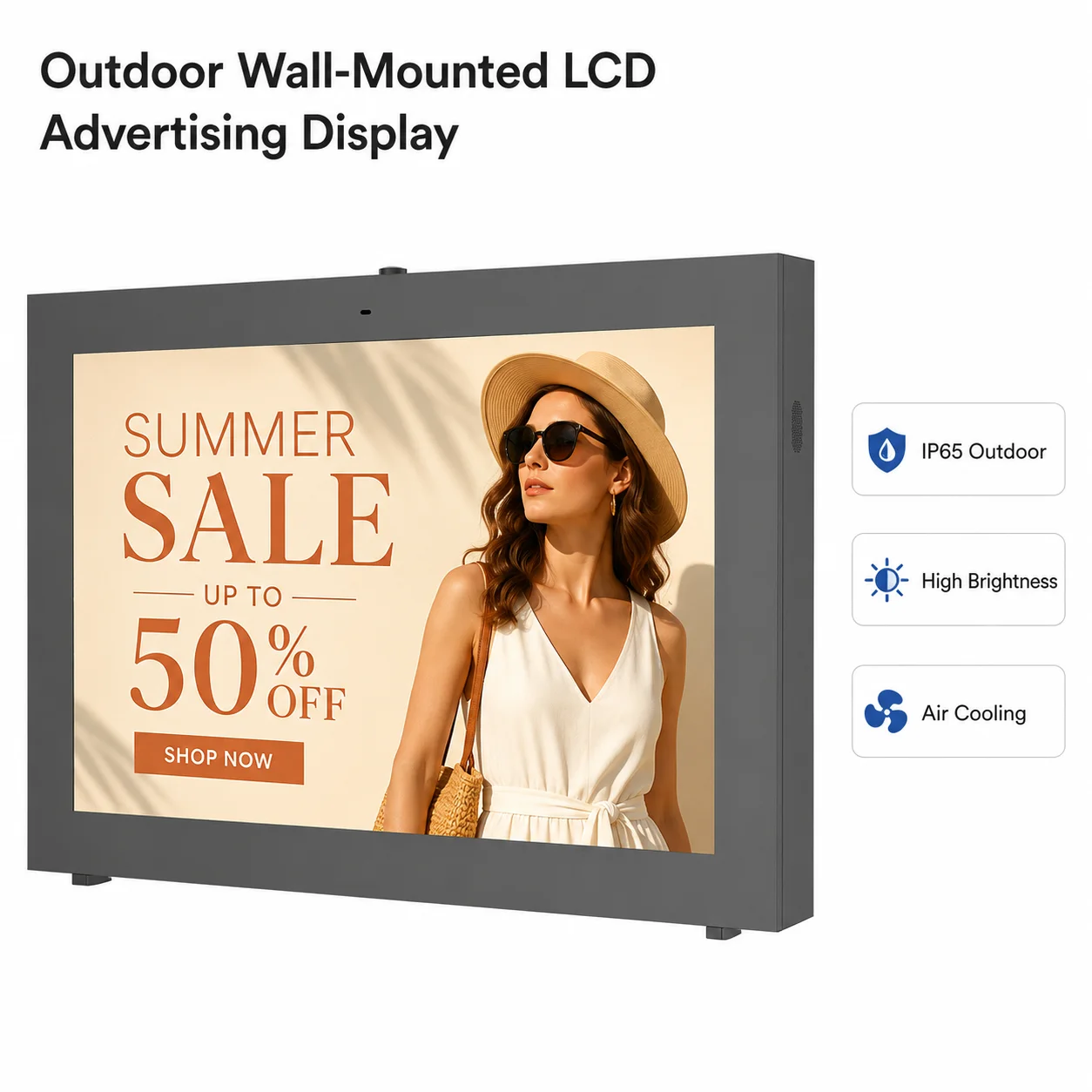 Pantalla LCD para exteriores de montaje en pared con clasificación IP65 a prueba de intemperie, alto brillo y refrigeración por aire para señalización exterior de hoteles