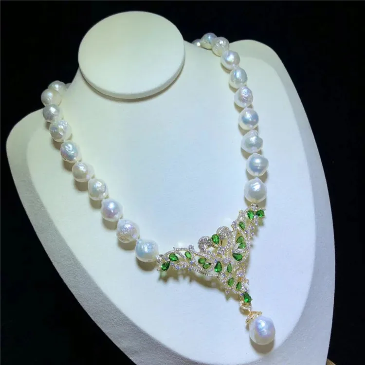 Hand knotted natural white baroque irregular shaped pearl necklace double swan zircon pendant personality fashion