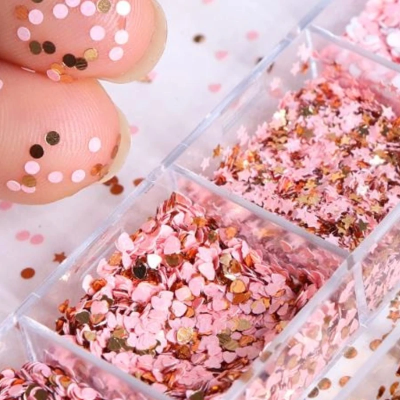 12칸 별 하트 원형 네일 아트 글리터 스팽글 홀로그램 네일 플레이크 혼합 무지개빛 파우더 네일 장식