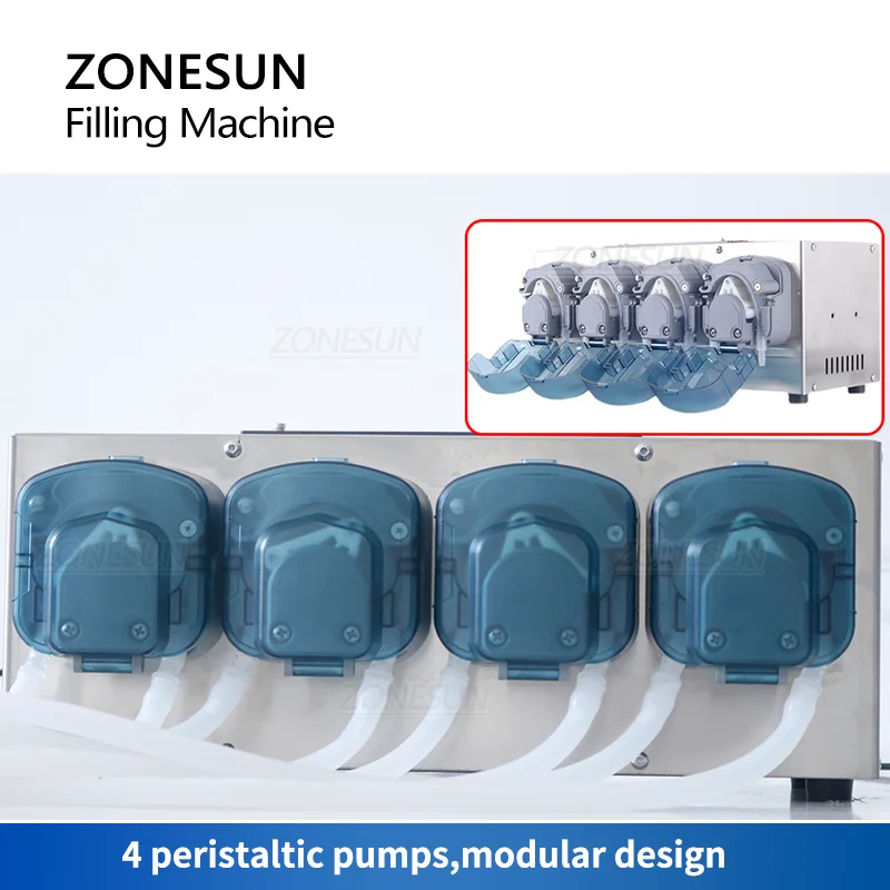 ZONESUN Small Production Line Liquid Filling Machine Peristaltic Pump Conveyor Bottle Jar Drinks Water Juice ZS-DTPP100C4