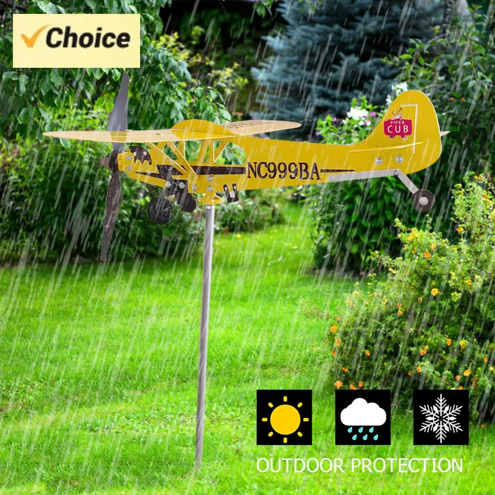 3D Plane Garden Weather Vane Plug Decor Creative Chic Plug-in Windmill Anti-corrosion Weatherproof Ornaments for Outdoor Garden