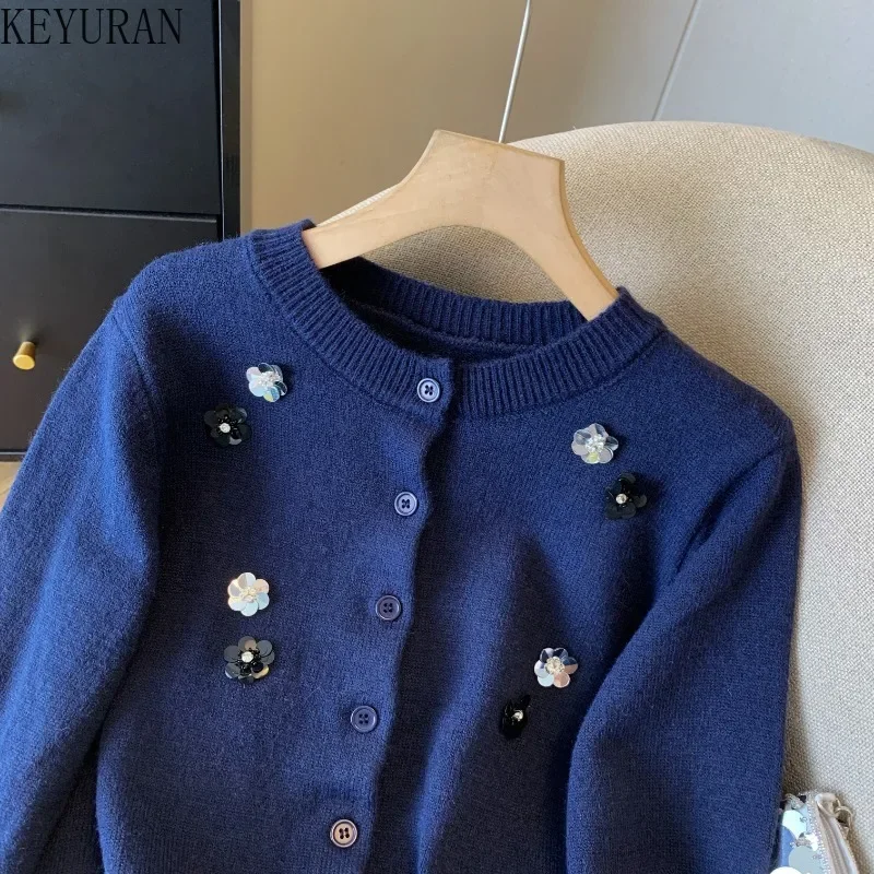 Navy Blue Long Sleeve Knitted Cardigan Women\'s Korean Vintage O-Neck Sequin Flower Sweaters Jackets Mujer Tops Knitwear Jumpers