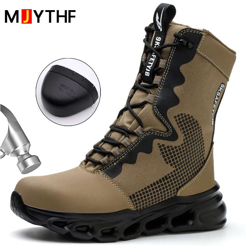 Safety Boots Men Puncture-Proof Work Boots Steel Toe Shoes Mid-Calf Boots Outdoors Combat Boots Protective Shoes Indestructible