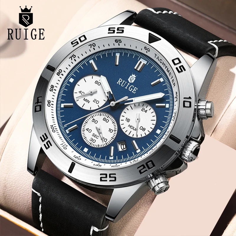

Мужские часы RUIGE, модные мужские многофункциональные часы, водонепроницаемые светящиеся наручные часы с кожаным ремешком