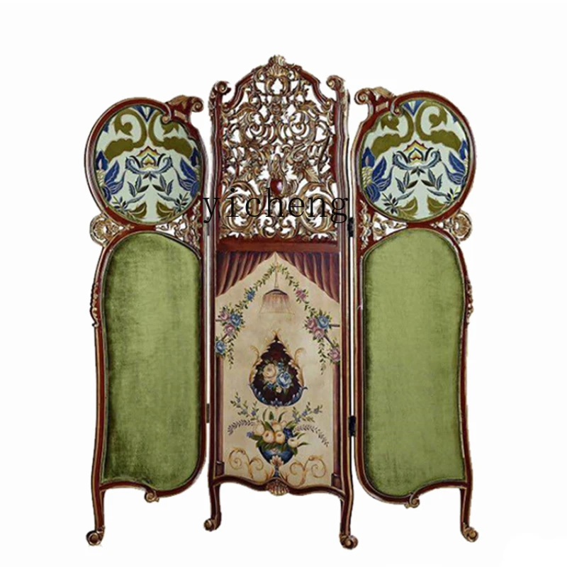 Tqh Carved Solid Wood Painted Screen French Gilding Partition Decoration Double-Sided Accordion Partition