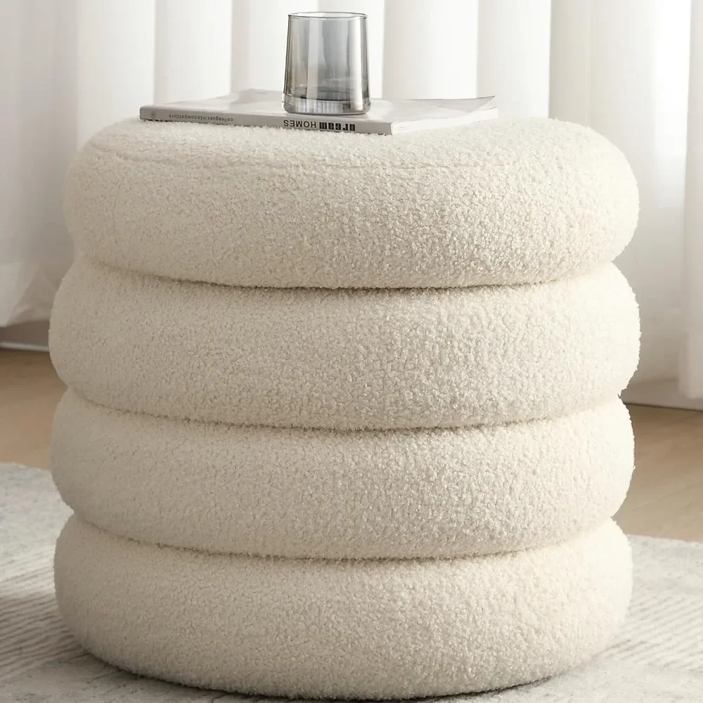 

Boucle Ottoman with Storage Off White, Small Round Footrest Stool with Removable Lid,Upholstered Sherpa Vanity Chair for Bedroom