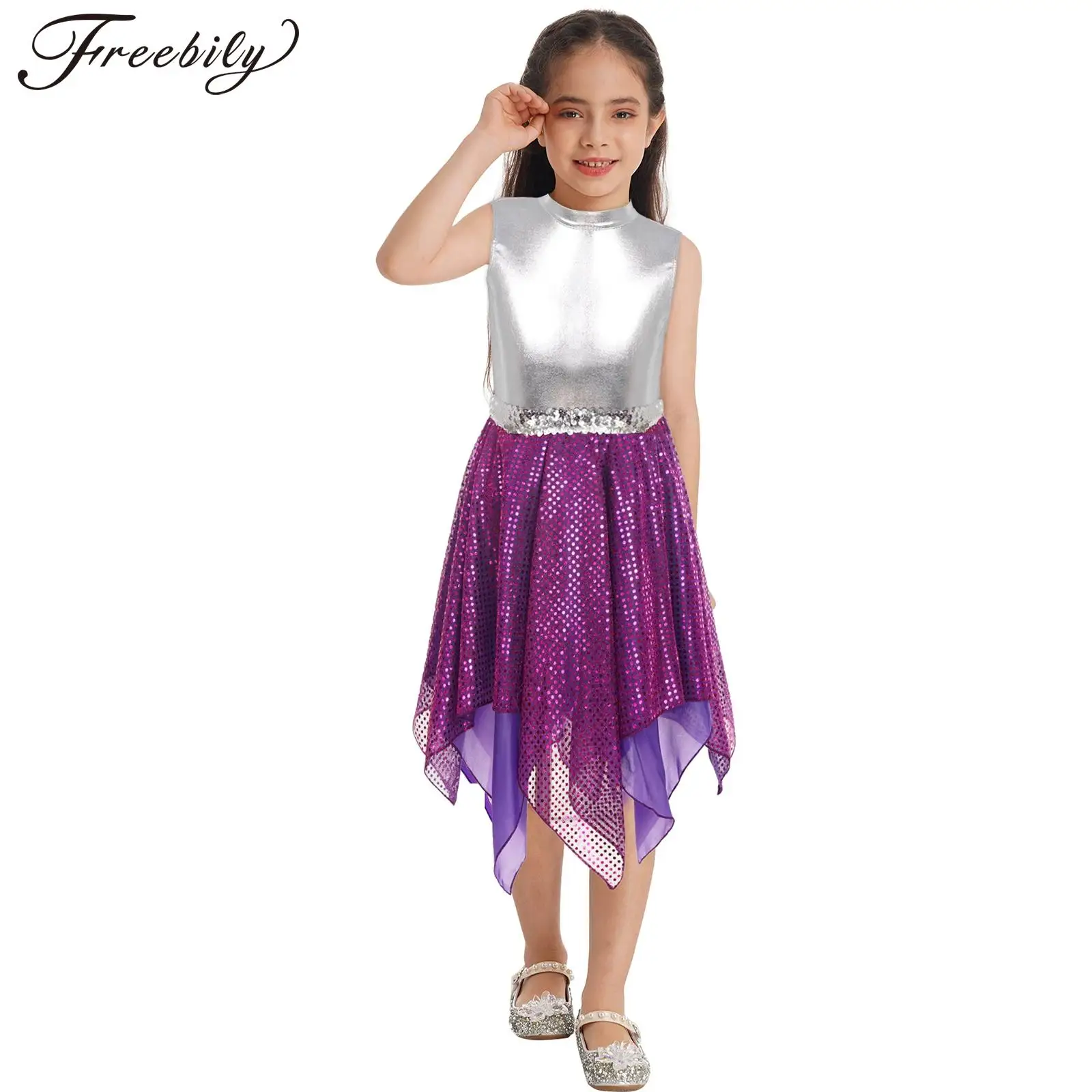 

Kids Girls Sequins Ballet Dance Dress Sleeveless Shiny Gymnastics Leotard Stage Performance Modern Latin Jazz Lyrical Dancewear