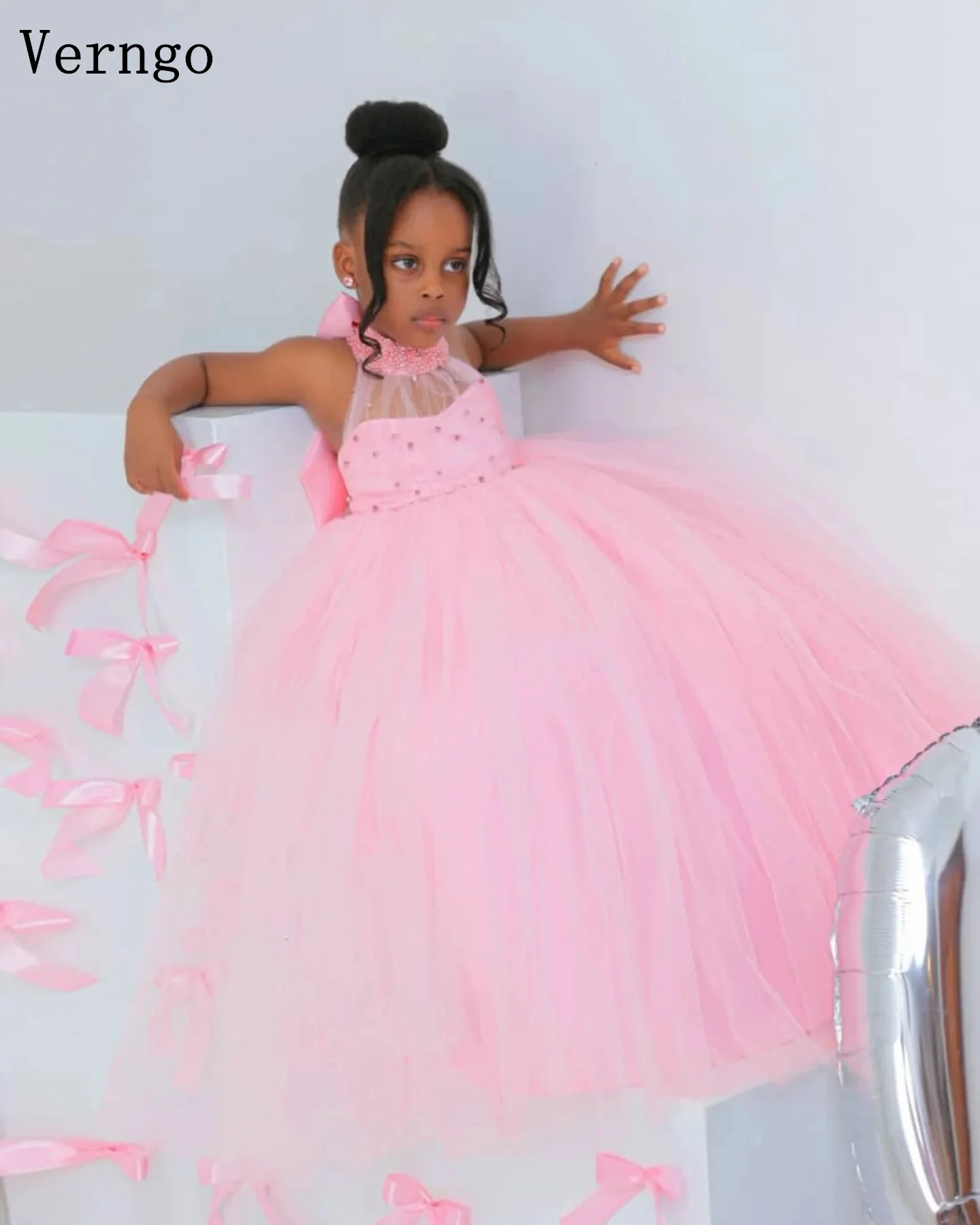 Verngo Pink Tulle Girl Flowers Dress Appliques Halter A Line Maxi Brithday Party Dress Backless Kid Prom Gown Customized