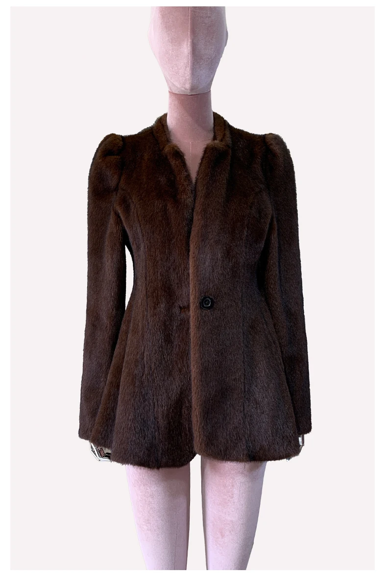 Nerazzurri Winter Short Brown Thick Warm Soft Fitted Faux Mink Fur Coat Women Single Button Elegant Luxury Chic Fluffy Jacket