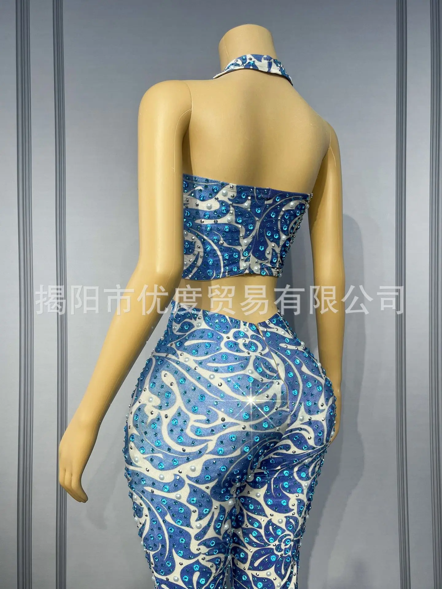 الأزرق حجر الراين سترة السراويل قطعتين مرونة اليوغا البدلة مرحلة الأداء دعوى ليلة حزب زي الأزرق لهب زهرة شبكة فساتين #6