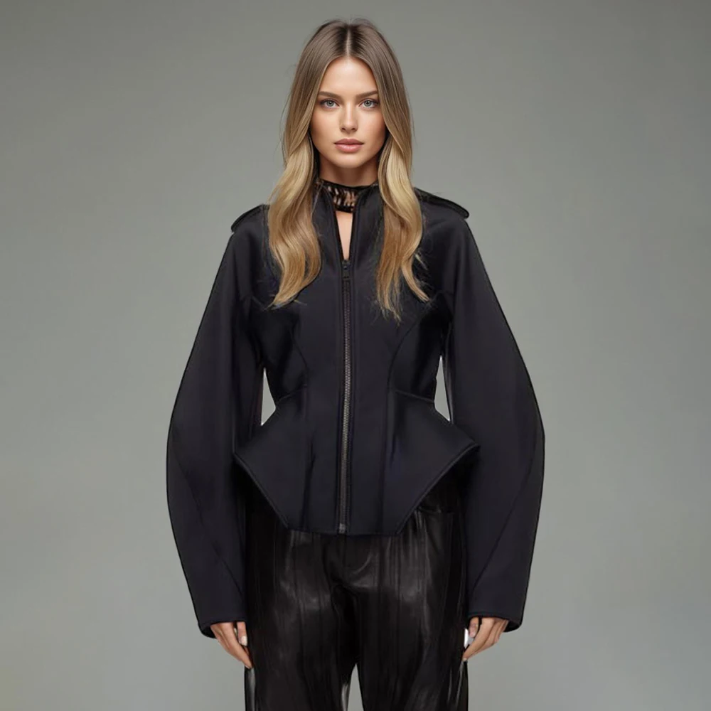 

Solid Spliced Zipper Chic Jackets For Women Lapel Long Sleeve Tunic Streetwear Designer Coats Female Fashion Style