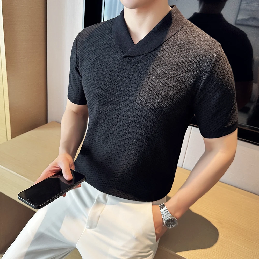 Cuban Collar Knitted Fabric POLO Shirt, Men\'s Summer Short-sleeved Pullover T-shirt, Shirt White Green Black Men Top M L XL XXXL