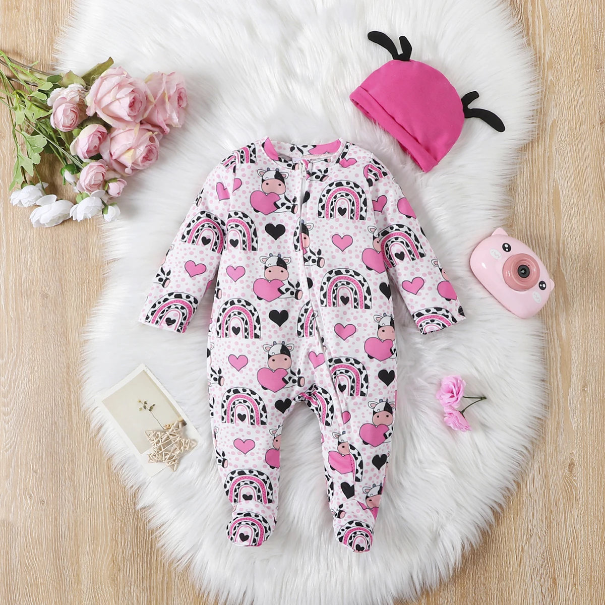 Süßer, mit Liebe bedruckter Baby-Strampler mit Taschenbein für Mädchen, lässiger, modischer Baby-Strampler mit Taschenbein
