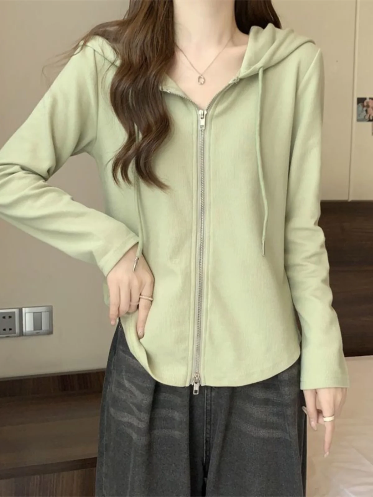 

Double Zipper Hooded Cardigan Jacket Women's Spring Autumn plus Size Slimming Base Shirt Top Large Capacity Fat MM300 Pounds