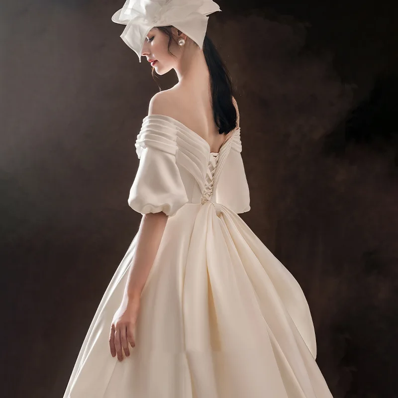 Abiti da sposa con maniche a sbuffo in raso a cuore di lusso con spalle scoperte abito formale a-line eleganti abiti da festa Illusion