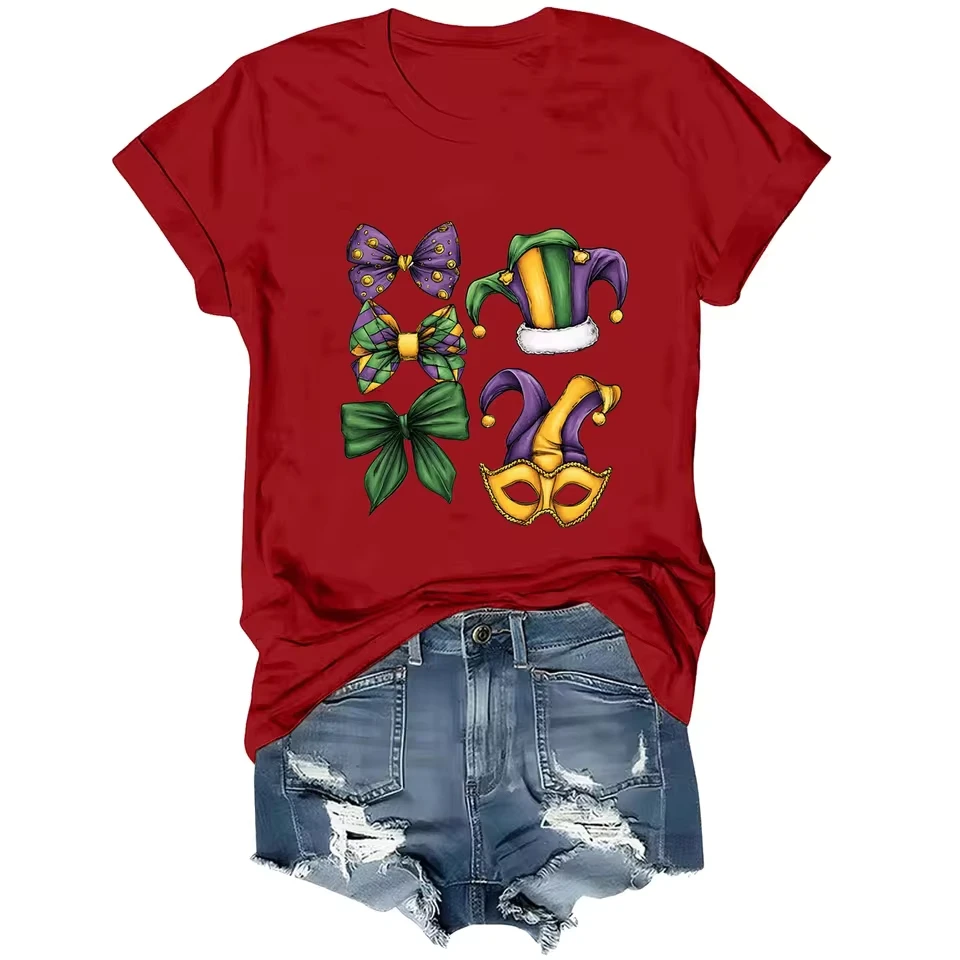 

Women Carnival Print T Shirt Short Sleeve Women Loose Breathable Blouses Round Neck Tee Neck Top For Women
