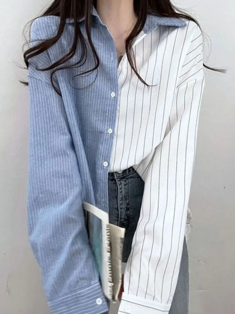 Retro Color Block Striped Shirt Women Loose Casual High End Feeling Early Autumn New Style Korean Style Anti Aging Top