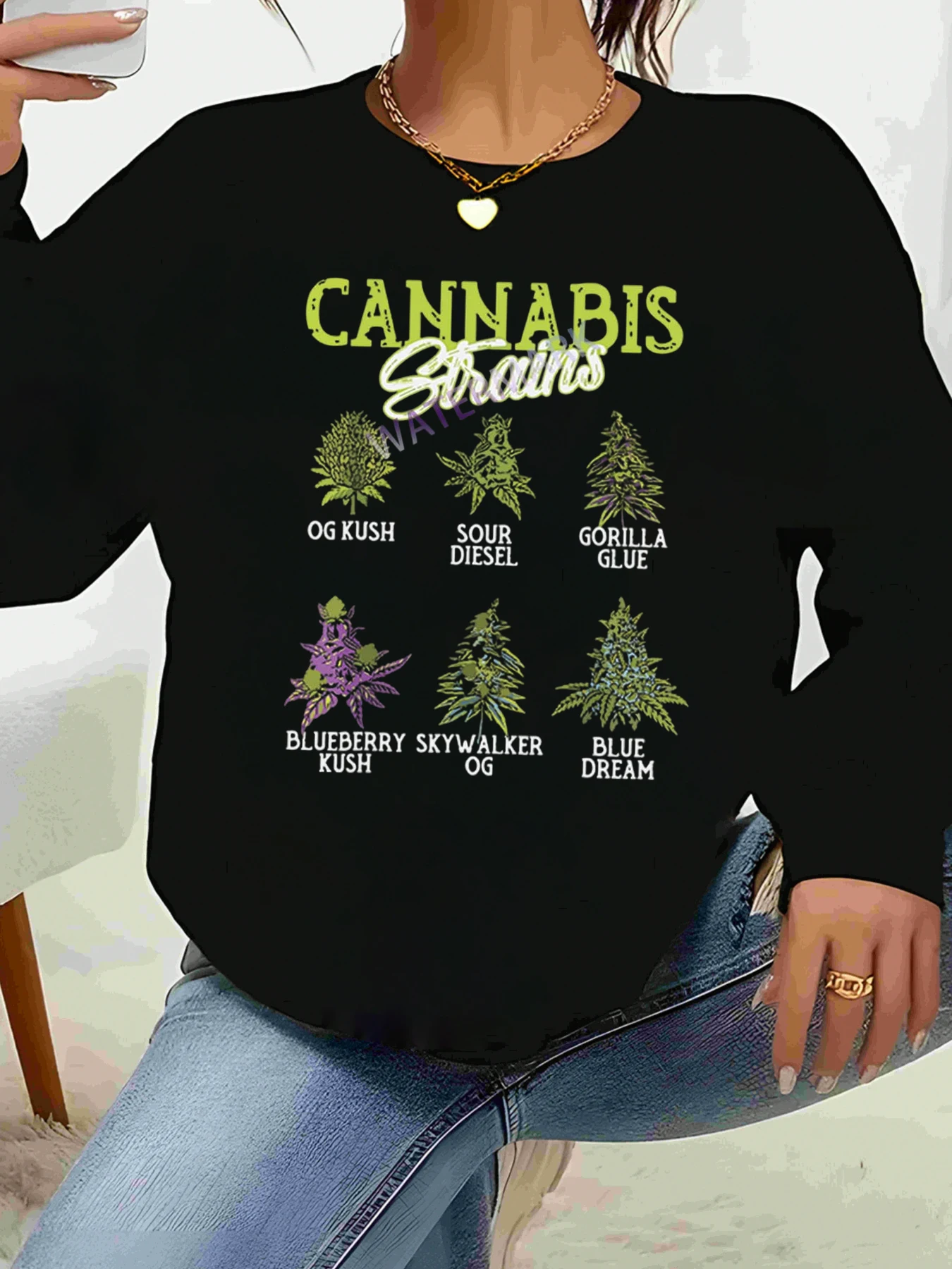 Cannabis Strains Print Long Sleeve t Shirt Halloween Casual Wear Women
