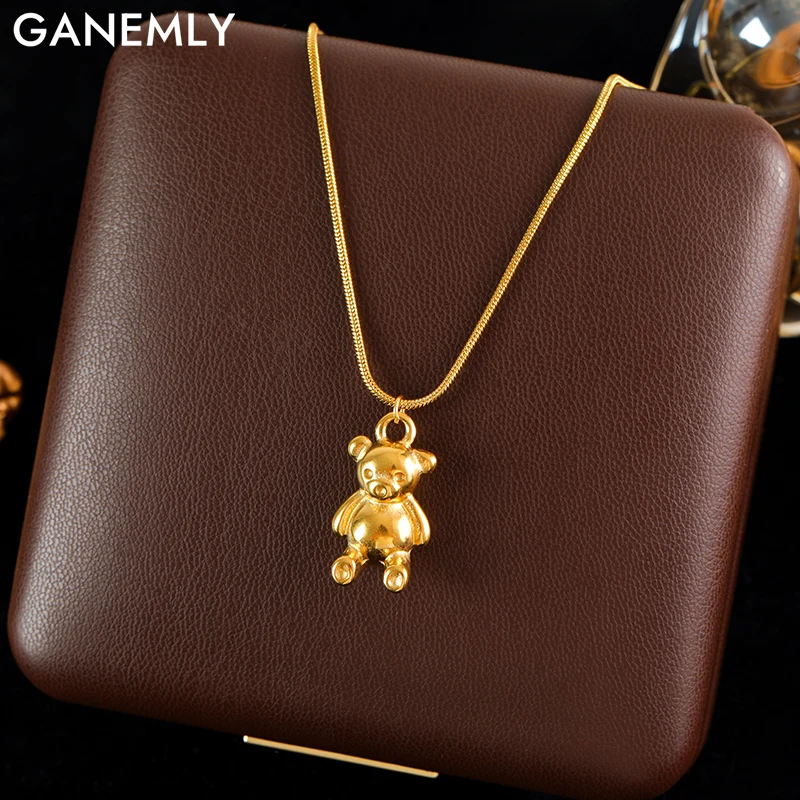 GANEMLY 316L Stainless Steel Gold Color Cute Bear Pendant Necklace For Women Fashion Neck Chain Waterproof Jewelry Gift Collar