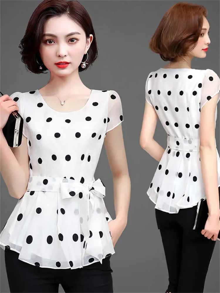 Women Casual Summer Style Chiffon Blouses Shirts Lady Short Sleeve O-Neck Polka Dot Printed Blusas Tops