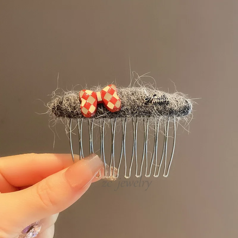 

Autumn Winter Gray Woolen Fashion Insert Comb with Teeth Bangs Clip Sweet Plaid Bow Bangs Clip High Skull Top