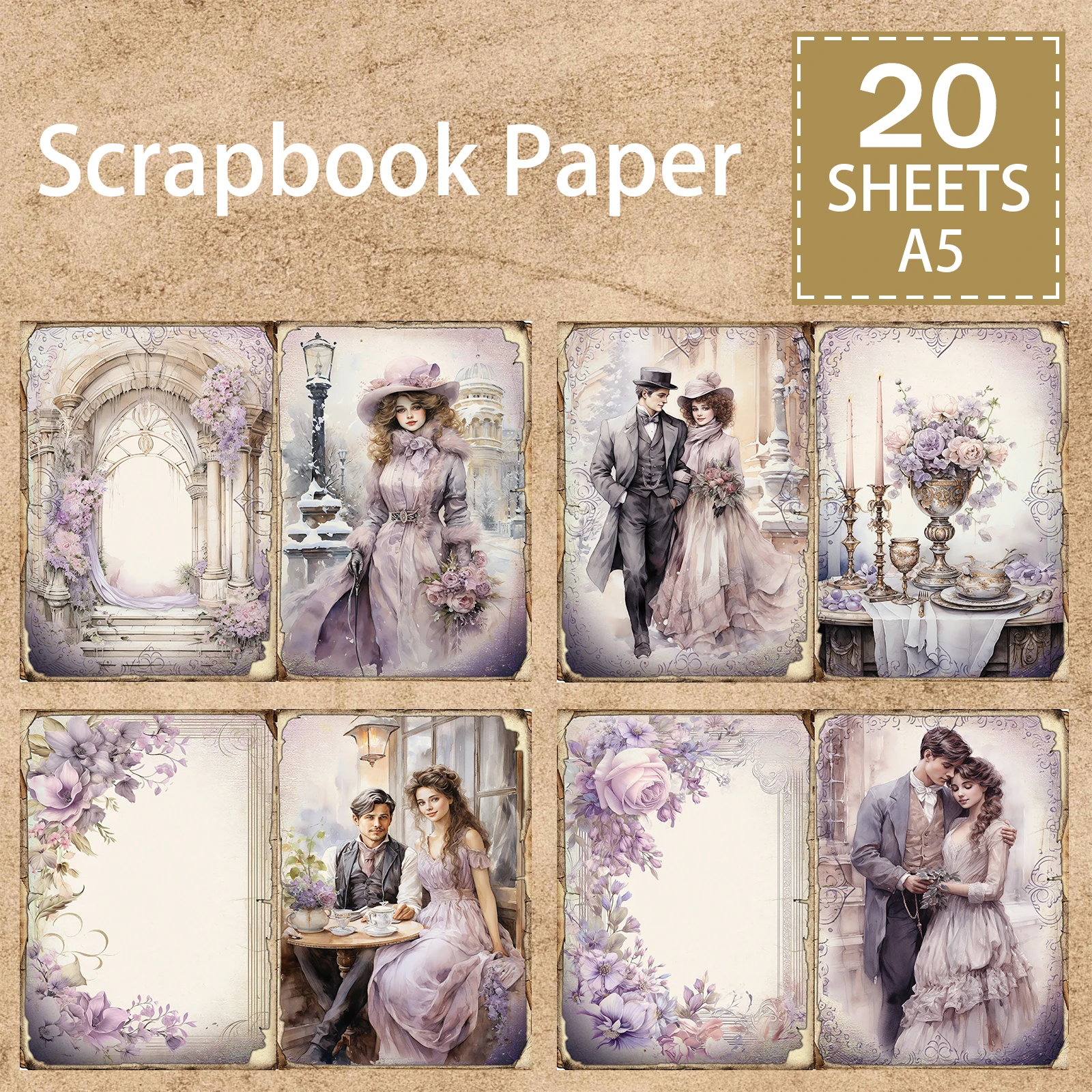 20 Sheets A5 Size Valentine\'s Day Wedding Purple Background Couple Suit Wedding Dress Vintage Grunge Journal Planning Scrapbook