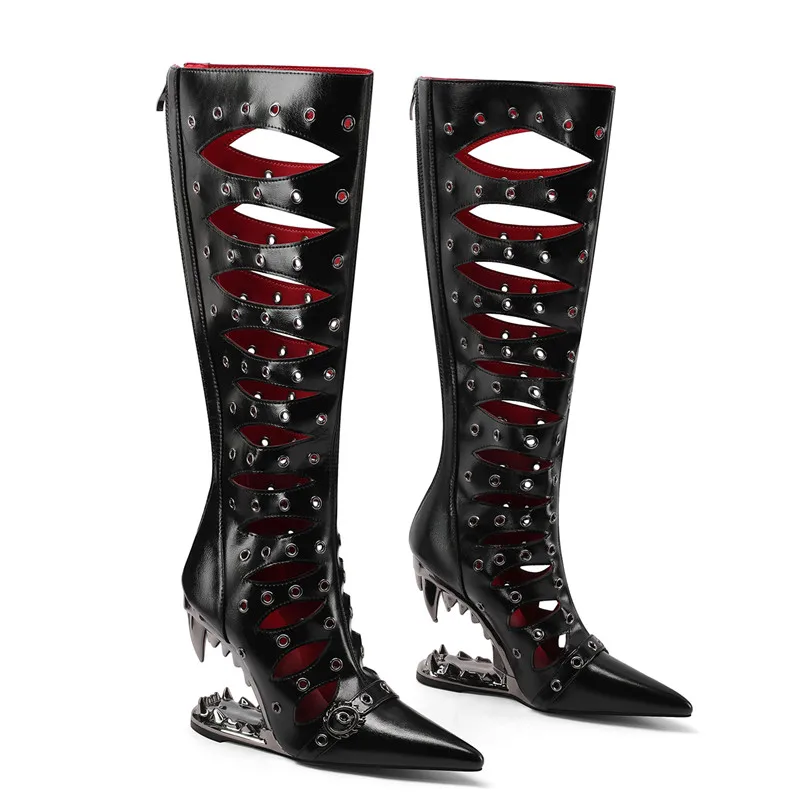 Women's Gothic Punk Hollow Out Knee High Boots Pointed Toe Tiger Tooth Heel High Rivet Leather Sandal Boots Party Fashion Shoes